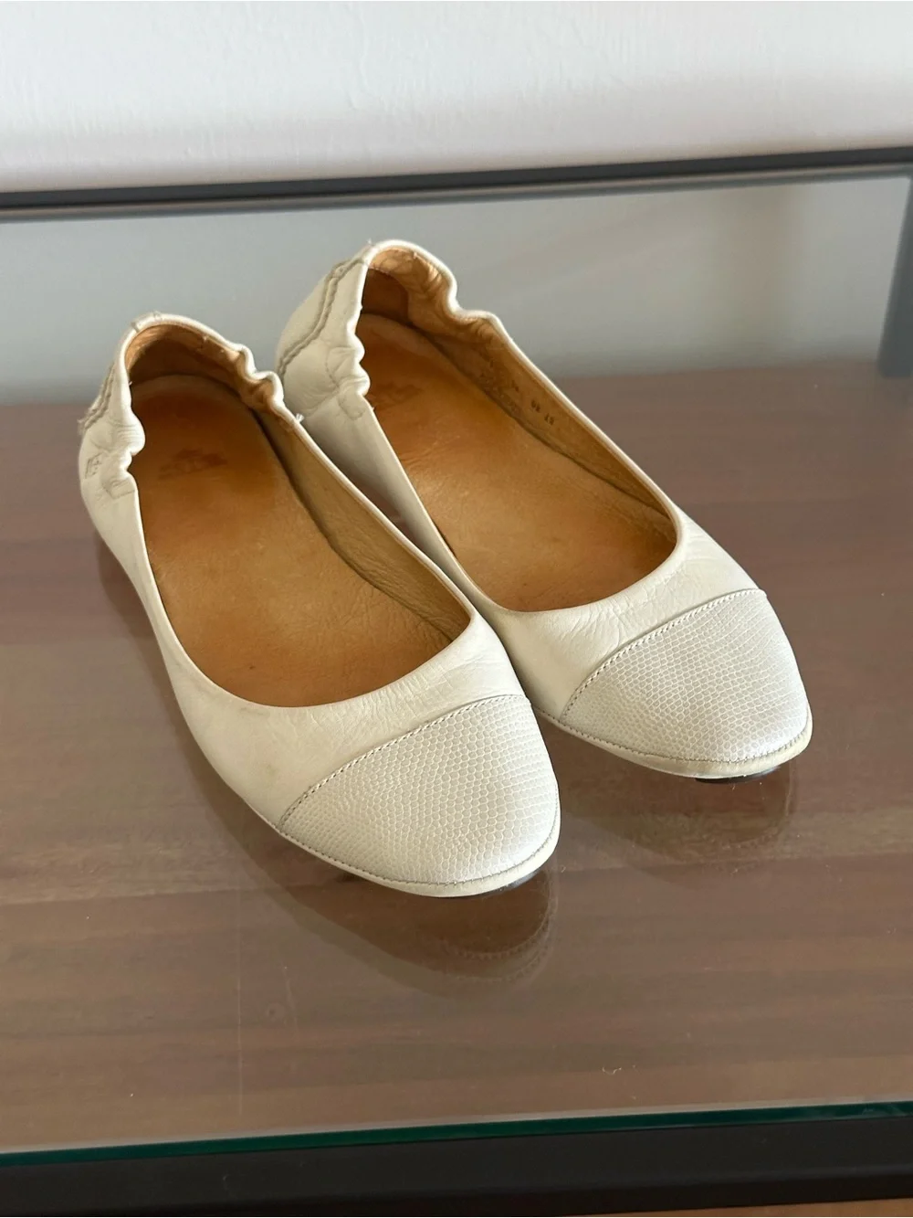 Peter Millar Dana Beige Lizard Cap Toe Ballet Flats Leather Made in Brazil